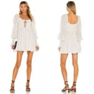 Majorelle Reece Polka Dot Smocked Cotton Tiered Long Sleeve White Mini Dress M